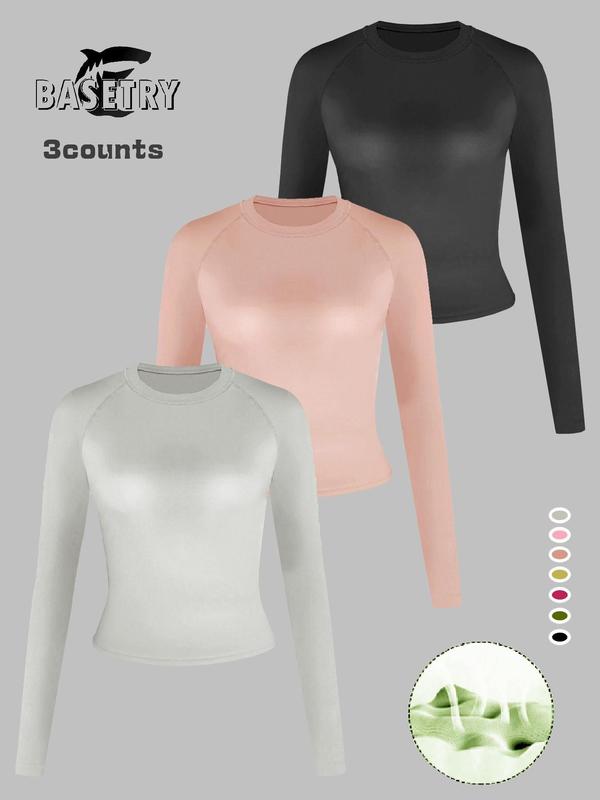 Women's Solid Long Sleeve Sports Tee, Casual Comfy Breathable Raglan Sleeve Round Neck T-shirt for Yoga Gym Workout, Ladies Sportswear for Fall & Winter