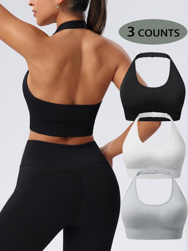 Women's Solid Backless Wireless Sports Bra, Adjustable Strap Removable Chest Pad Gym Short Tank Top, Ladies Sportswear for Indoor Outdoor Wear