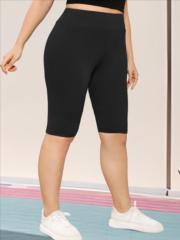 Plus Size Solid High Waist Knee Length Sports Leggings, Sporty Breathable Comfortable Skinny Shorts, Ladies Sportswear Bottoms for Yoga Gym Fitness, Tummy Control