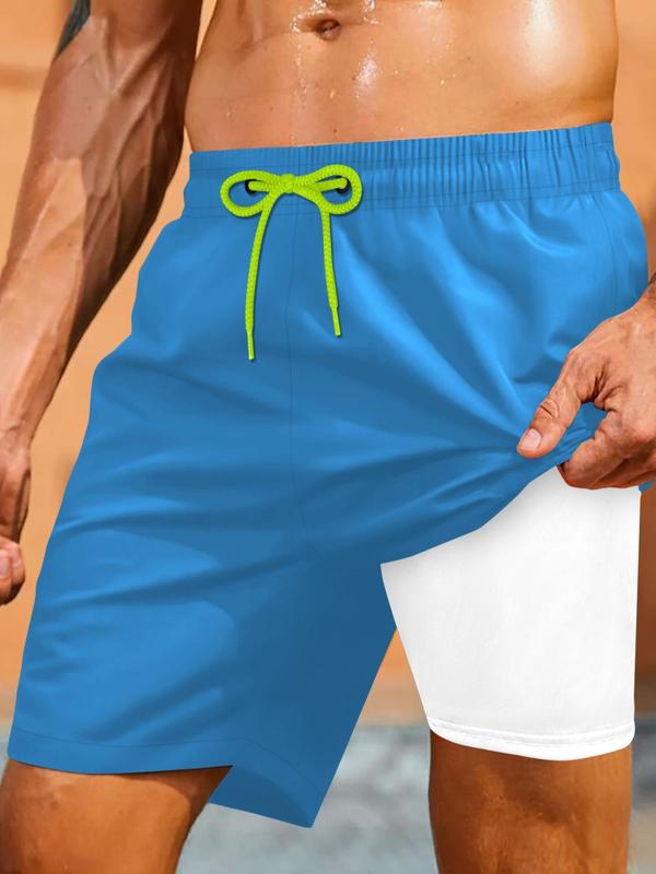 Sporty Men's 2-IN-1 Drawstring Waist Beach Shorts, Sport Pocket Design Quick Drying Shorts, Men's Beach Shorts for All Seasons