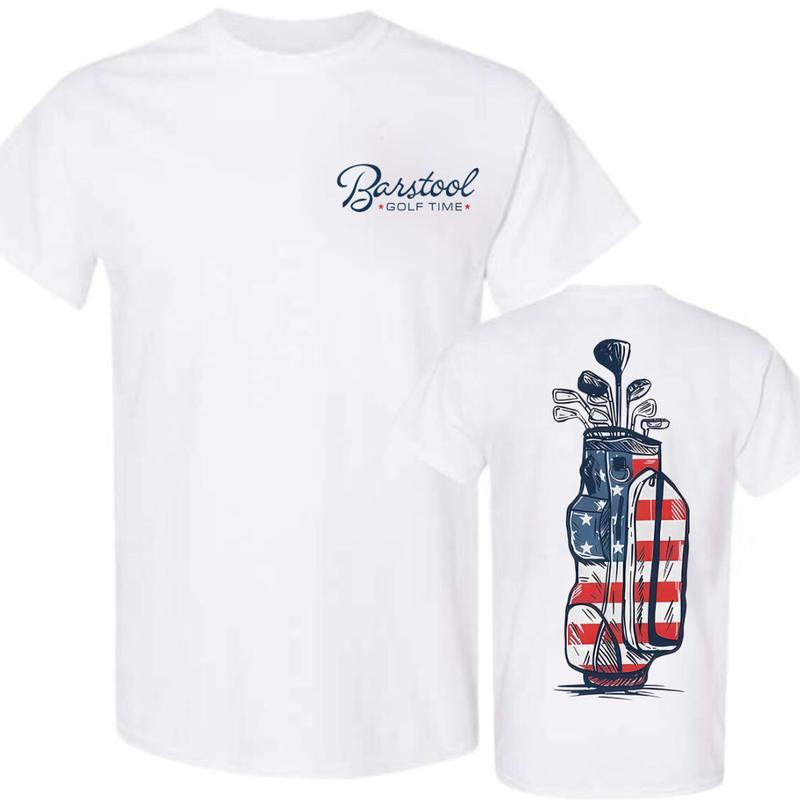 Barstool Golf Time T-Shirt, Patriotic Golf Bag Design for Golf Enthusiasts, Premium White Tee with American Flag Golf Bag Print, Perfect for Golfers and Casual Wear, Comfortable and Durable Unisex Apparel