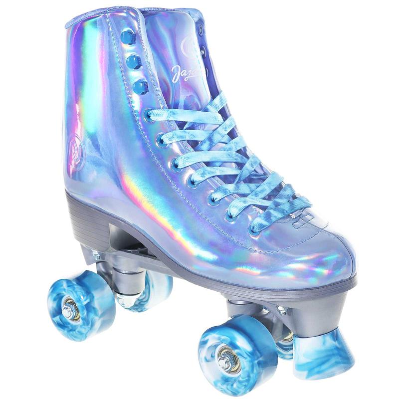 JajaHoho Roller Skates for Women, Very Peri Blue Holographic High Top Faux Leather Rollerskates, Shiny Double-Row Four Wheels Quad Skates for Girls and Age 8-51 Indoor Outdoor (Blue)