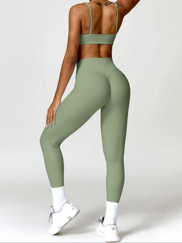Two-piece Set Women's Solid Color Crop Cami Top & High Waist Ruched Leggings Tracksuit Set, Sporty Breathable Comfy Outfits for Yoga Gym Workout Running, Gym Clothing, Ladies Sportswear for All Seasons, Fall Outfits