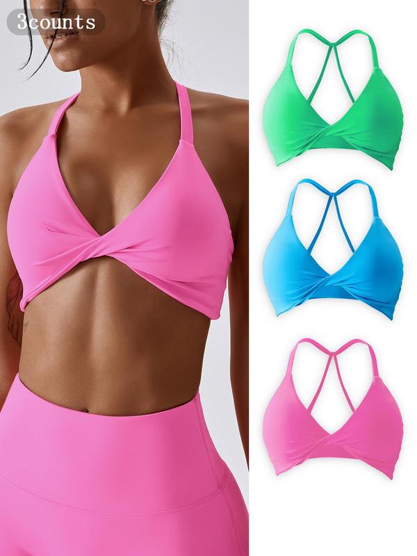 Women's Solid Twist Backless Sports Bra, Breathable Comfortable Wireless Sports Bra for Yoga Gym Workout, Ladies Sportswear for All Seasons