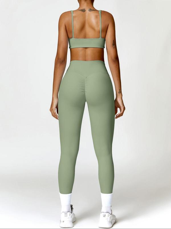 Two-piece Set Women's Solid Color Crop Cami Top & High Waist Ruched Leggings Tracksuit Set, Sporty Breathable Comfy Outfits for Yoga Gym Workout Running, Gym Clothing, Ladies Sportswear for All Seasons, Fall Outfits