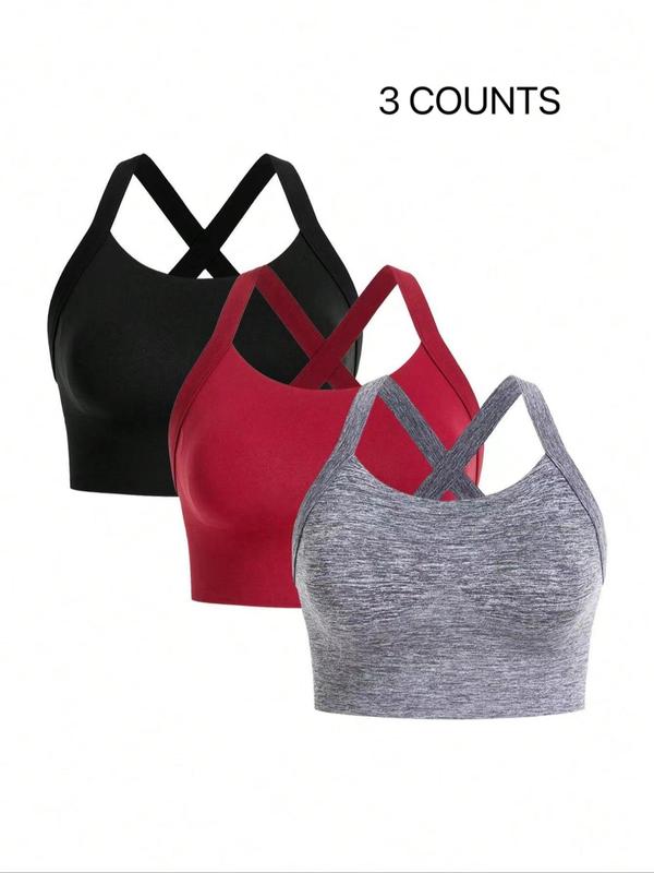 Plus Size Solid Criss Cross Backless Sports Bra, Sporty Breathable Comfortable Red Bra for Yoga Gym Workout, Women's Plus Size Sports Underwear