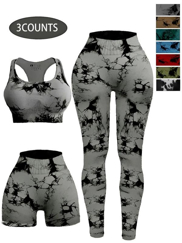 Three-Piece Set Women's Tie Dye Print Ruched Sports Bra & High Waist Leggings & Skinny Shorts Tracksuit Set, Sleeveless Straps Top & High Stretch Yoga Pants & Shorts, Back To School Sports Outfits, Ladies Sportswear for Workout Fall Outfits