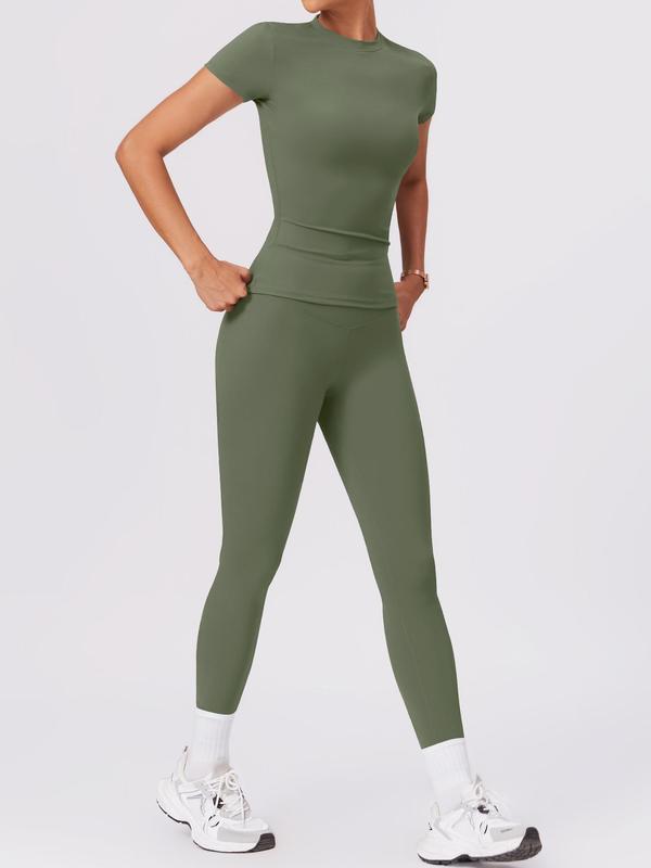 2 4 Counts Women's Solid Round Neck Tee & High Waist Leggings Tracksuit Set, Sporty Comfy T-shirt & Skinny Pants for Yoga Gym Workout, Ladies Summer Back To School Sportswear, Women's Tracksuits, Fall Clothes Downtown Girl Outfit