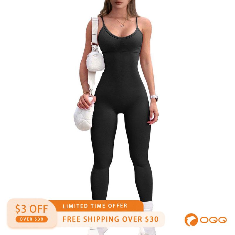 OQQ Women's Seamless Spaghetti Strap Yoga Jumpsuit with Padded Bra - Overalls, Womenswear