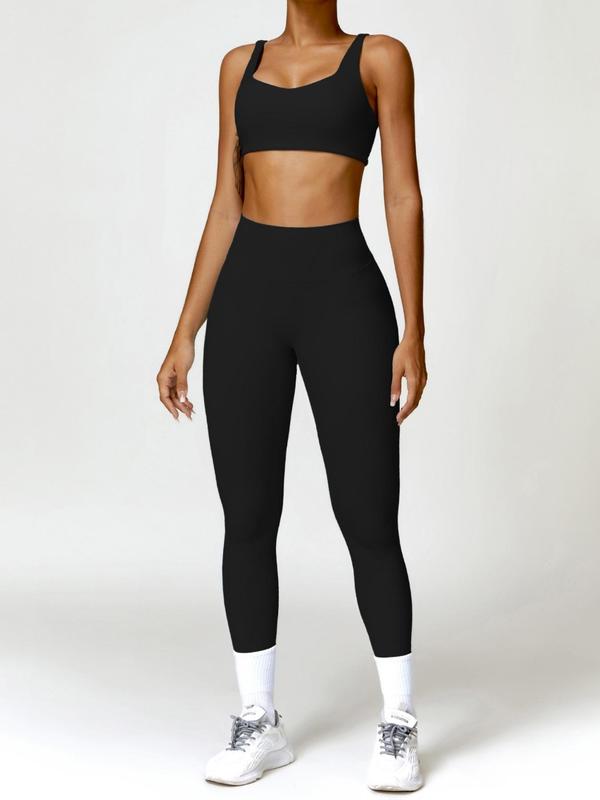 Two-piece Set Women's Solid Color Crop Cami Top & High Waist Ruched Leggings Tracksuit Set, Sporty Breathable Comfy Outfits for Yoga Gym Workout Running, Gym Clothing, Ladies Sportswear for All Seasons, Fall Outfits
