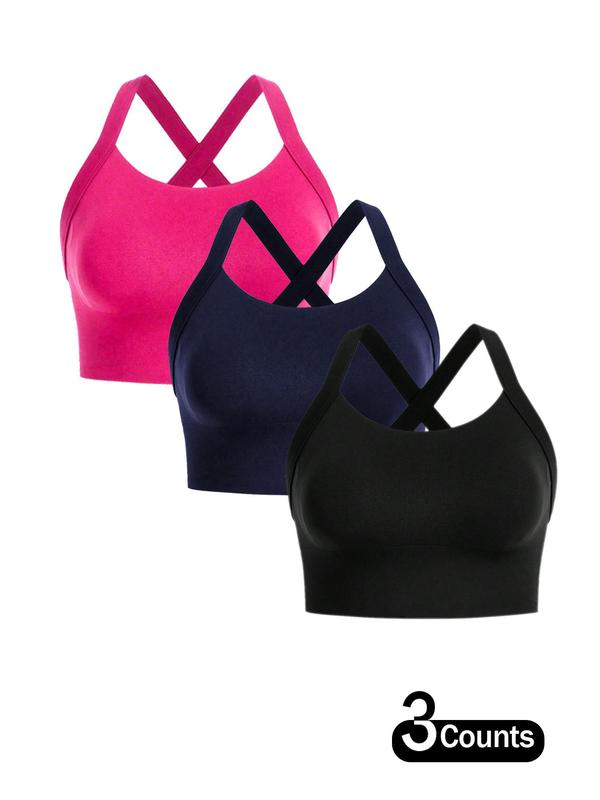 Plus Size Solid Criss Cross Backless Sports Bra, Sporty Breathable Comfortable Red Bra for Yoga Gym Workout, Women's Plus Size Sports Underwear