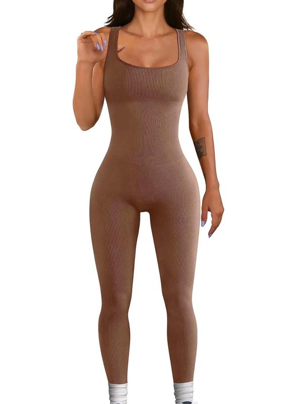Women's Plain Textured Ribbed Square Neck Sports Jumpsuit, Summer Clothes Women, Casual Solid Color Sleeveless One Piece Workout Unitard for Yoga Gym Workout, Ladies Summer Sports Clothes
