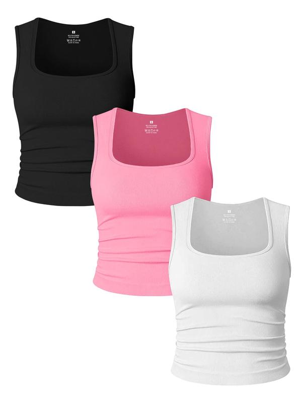 Women's Solid Ruched Square Neck Sports Vest, Sporty Sleeveless Tank Top for Yoga Gym Workout, Running Vest, Ladies Sportswear Clothes for All Seasons