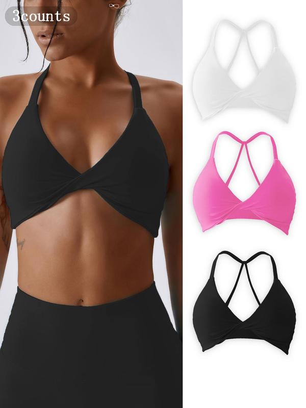 Women's Solid Twist Backless Sports Bra, Breathable Comfortable Wireless Sports Bra for Yoga Gym Workout, Ladies Sportswear for All Seasons