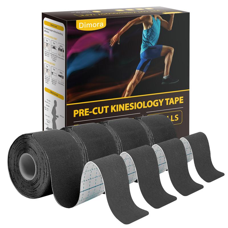 Dimora Kinesiology Tape 4 Rolls - Elastic Cotton Athletic Tape, 16.4 ft, 80 Pre-cut Tapes, Premium Tape for Muscle Pain Relief and Joint Support
