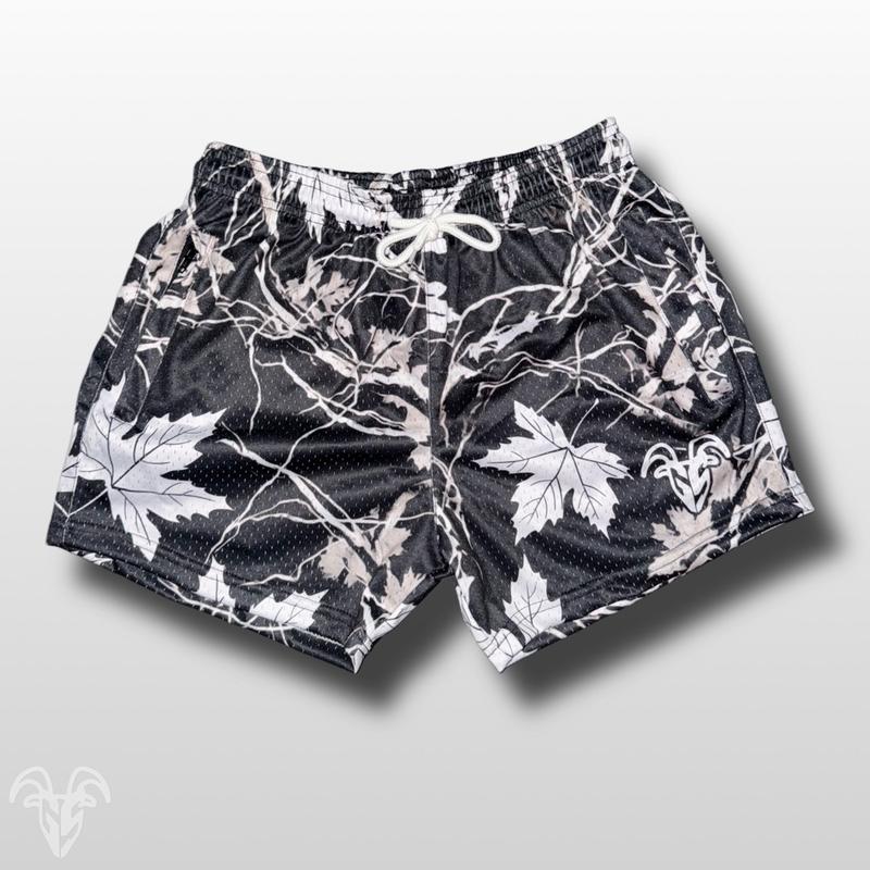 Goat Strength Black and White Maple Camo Shorts - 5 Inch Inseam, Breathable Elastic Workout Gym camouflage Shorts - Zipper Pockets outfits workout fit