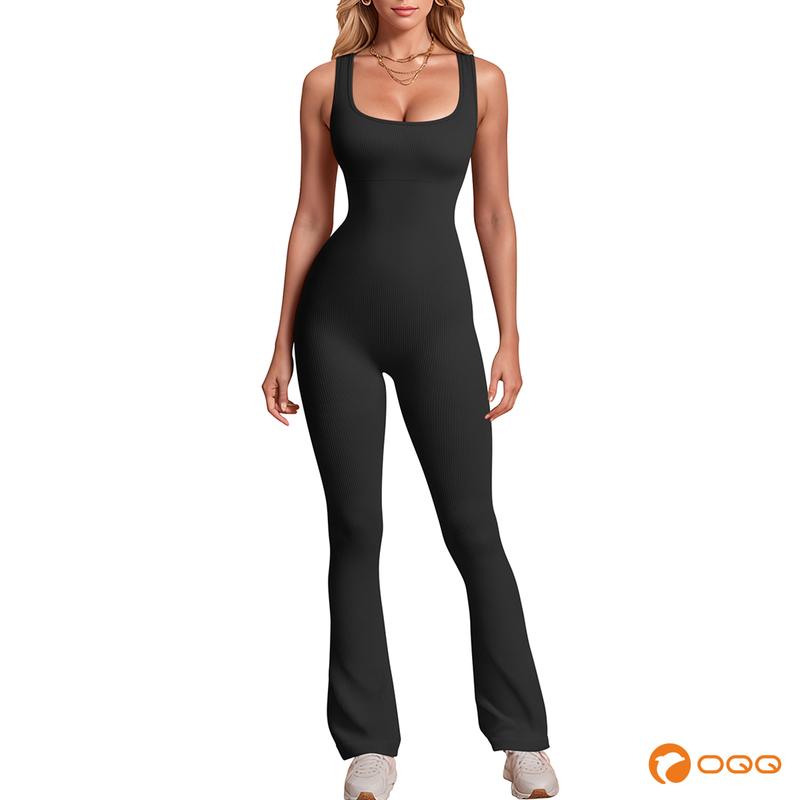 OQQ-Nine cents Women‘s Yoga Ribbed Workout Sleeveless Tank Tops Bell Bottoms Flare Jumpsuits Breathable Comfortable