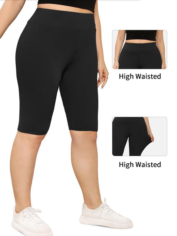 Plus Size Solid High Waist Knee Length Sports Leggings, Sporty Breathable Comfortable Skinny Shorts, Ladies Sportswear Bottoms for Yoga Gym Fitness, Tummy Control