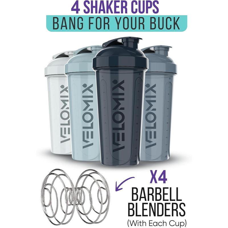 -4 PACK- 28 Oz Shaker Cups for Protein Shakes - 4X Wire Whisk | Leak Proof Protein Shaker Bottles for Protein Mixes | Protein Shaker Bottle Pack | Mixer for Protein Shakes VELOMIX