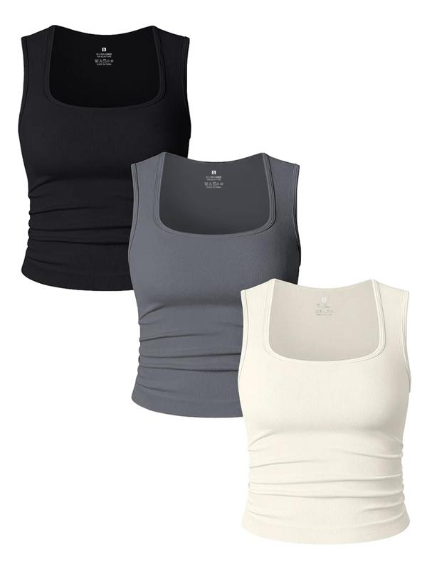 Women's Solid Ruched Square Neck Sports Vest, Sporty Sleeveless Tank Top for Yoga Gym Workout, Running Vest, Ladies Sportswear Clothes for All Seasons