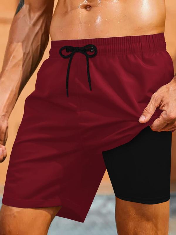 Sporty Men's 2-IN-1 Drawstring Waist Beach Shorts, Sport Pocket Design Quick Drying Shorts, Men's Beach Shorts for All Seasons