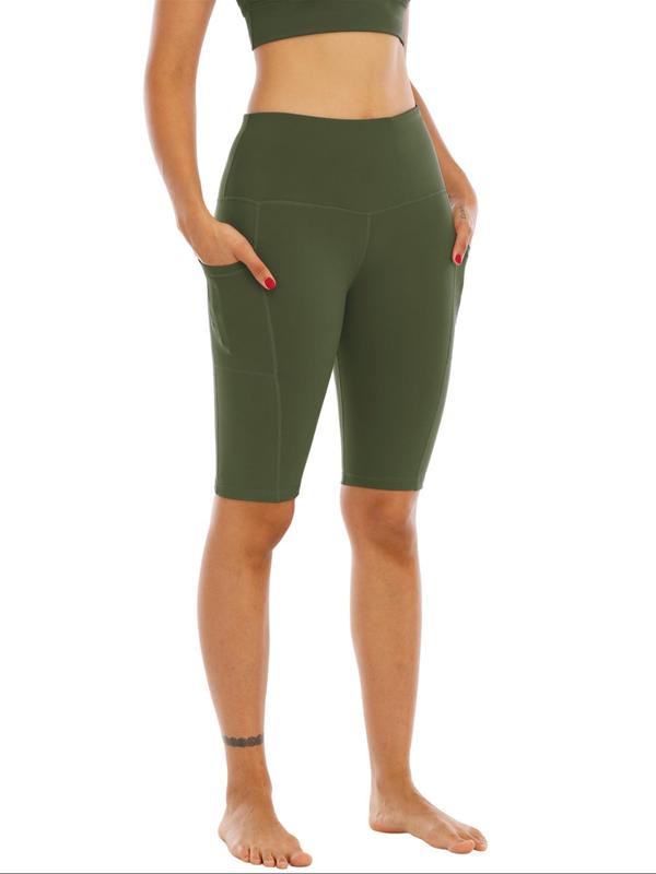 Women's Solid High Waist Sports Shorts, Gym Shorts, Quick Drying Breathable Pocket Skinny Shorts, Fall Sport Shorts for Women, Ladies Sportswear for Indoor Outdoor Wear