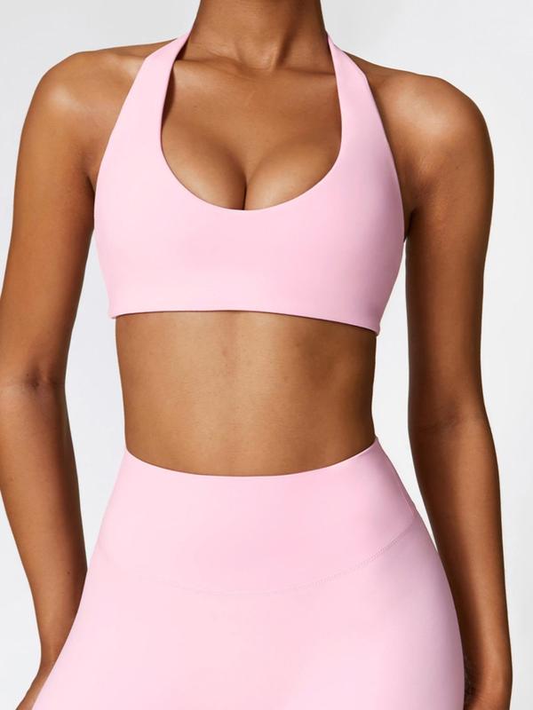 Women's Solid Wireless Pink Halter Sports Bra, Breathable Comfortable High Stretch Sports Bra,  Sports Bra for Women, Fall Clothes, Back-to-school Clothing, Ladies Sportswear for Workout Gym Yoga, Fall Outfits, Fallfreshness