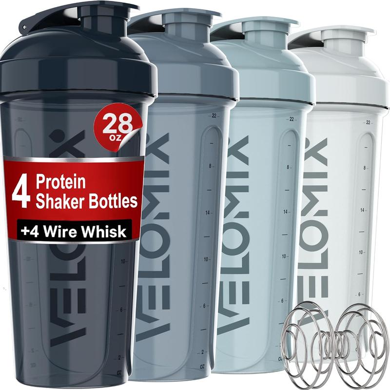 -4 PACK- 28 Oz Shaker Cups for Protein Shakes - 4X Wire Whisk | Leak Proof Protein Shaker Bottles for Protein Mixes | Protein Shaker Bottle Pack | Mixer for Protein Shakes VELOMIX