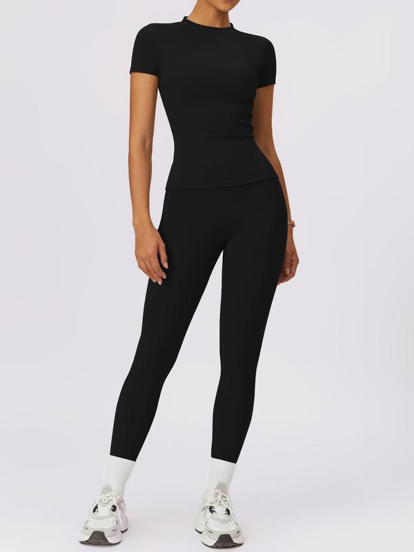 2 4 Counts Women's Solid Round Neck Tee & High Waist Leggings Tracksuit Set, Sporty Comfy T-shirt & Skinny Pants for Yoga Gym Workout, Ladies Summer Back To School Sportswear, Women's Tracksuits, Fall Clothes Downtown Girl Outfit