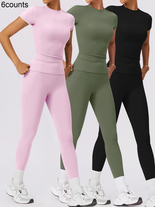 2 4 Counts Women's Solid Round Neck Tee & High Waist Leggings Tracksuit Set, Sporty Comfy T-shirt & Skinny Pants for Yoga Gym Workout, Ladies Summer Back To School Sportswear, Women's Tracksuits, Fall Clothes Downtown Girl Outfit