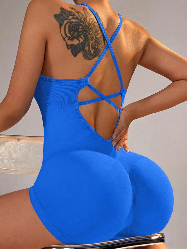 Women's Solid Criss Cross Backless Padded Sports Romper, Adjustable Strap Sleeveless Scrunch Butt Cami Bodycon Romper for Yoga Gym Fitness, Ladies Sportswear for Indoor Outdoor Wear, Tummy Control