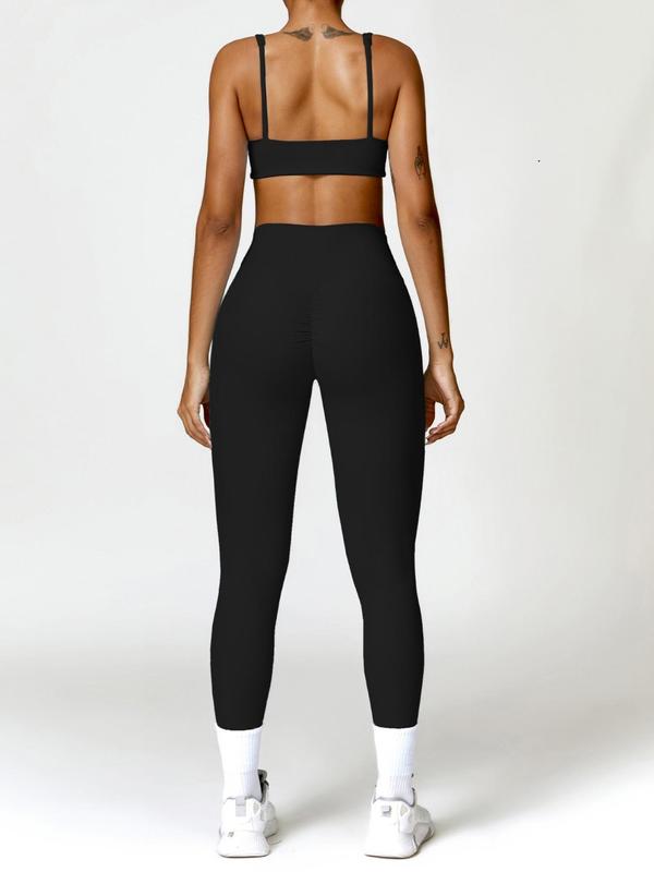 Two-piece Set Women's Solid Color Crop Cami Top & High Waist Ruched Leggings Tracksuit Set, Sporty Breathable Comfy Outfits for Yoga Gym Workout Running, Gym Clothing, Ladies Sportswear for All Seasons, Fall Outfits