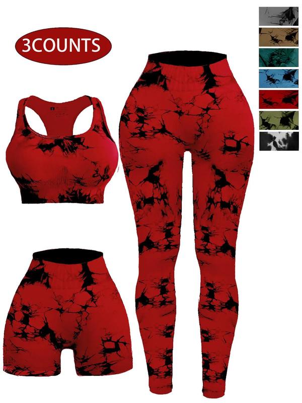 Three-Piece Set Women's Tie Dye Print Ruched Sports Bra & High Waist Leggings & Skinny Shorts Tracksuit Set, Sleeveless Straps Top & High Stretch Yoga Pants & Shorts, Back To School Sports Outfits, Ladies Sportswear for Workout Fall Outfits