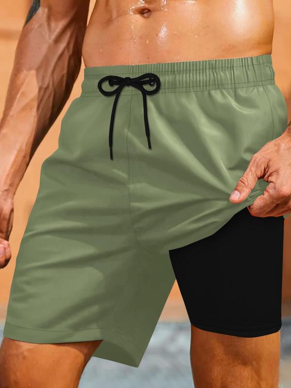 Sporty Men's 2-IN-1 Drawstring Waist Beach Shorts, Sport Pocket Design Quick Drying Shorts, Men's Beach Shorts for All Seasons