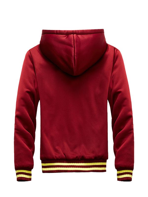 Men's Colorblock Zip Up Hooded Plush Sports Sweatshirt, Long Sleeve Drawstring Pocket Contrast Binding Warm Outerwear for Fall & Winter, Men's Sportswear for Outdoor Activities