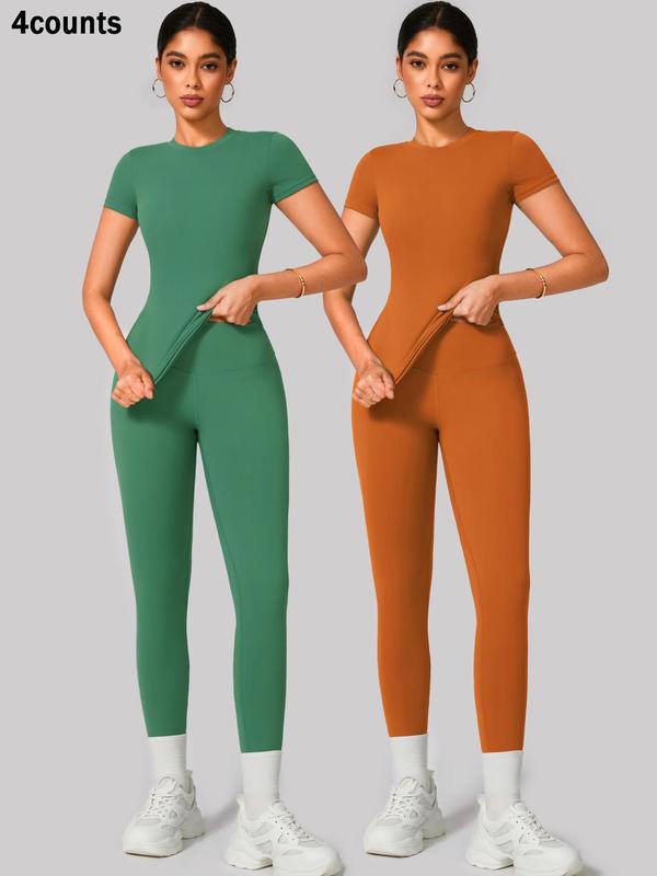 2 4 Counts Women's Solid Round Neck Tee & High Waist Leggings Tracksuit Set, Sporty Comfy T-shirt & Skinny Pants for Yoga Gym Workout, Ladies Summer Back To School Sportswear, Women's Tracksuits, Fall Clothes Downtown Girl Outfit