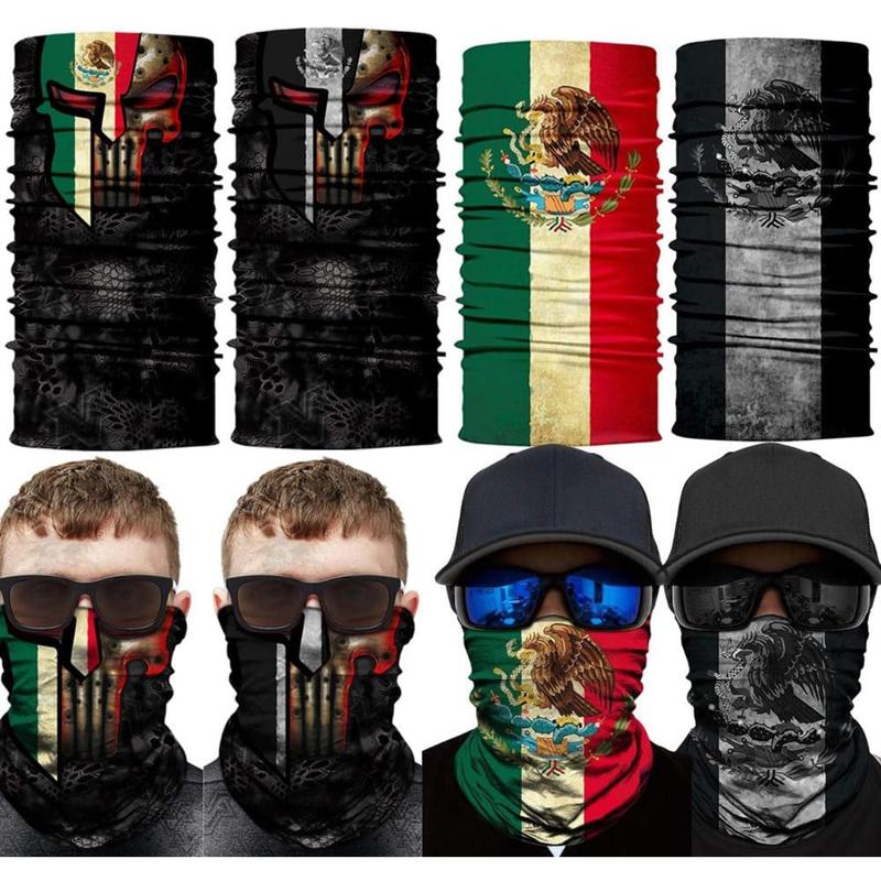 4 Pieces Mexican Flag Skull Face Scarf Breathable Neck Gaiter Tube Balaclava Headwear for Cycling Hiking Camping Climbing Fishing Hunting