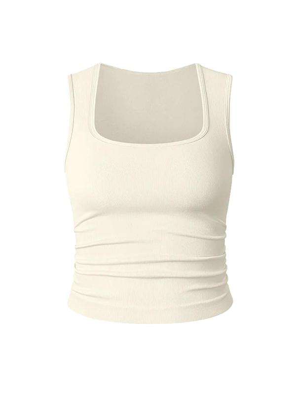 Women's Solid Ruched Square Neck Sports Vest, Sporty Sleeveless Tank Top for Yoga Gym Workout, Running Vest, Ladies Sportswear Clothes for All Seasons