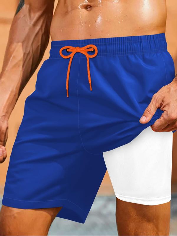 Sporty Men's 2-IN-1 Drawstring Waist Beach Shorts, Sport Pocket Design Quick Drying Shorts, Men's Beach Shorts for All Seasons