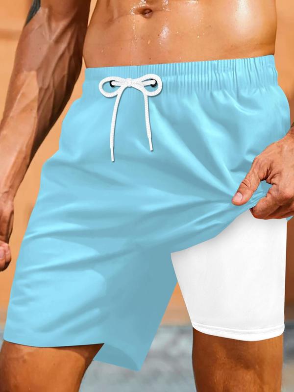 Sporty Men's 2-IN-1 Drawstring Waist Beach Shorts, Sport Pocket Design Quick Drying Shorts, Men's Beach Shorts for All Seasons