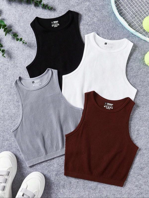 Women's Solid Round Neck Sports Vest, Minimalist Sleeveless Crop Tank Top for Yoga Gym Workout Running, Ladies Sportswear Clothing for All Seasons