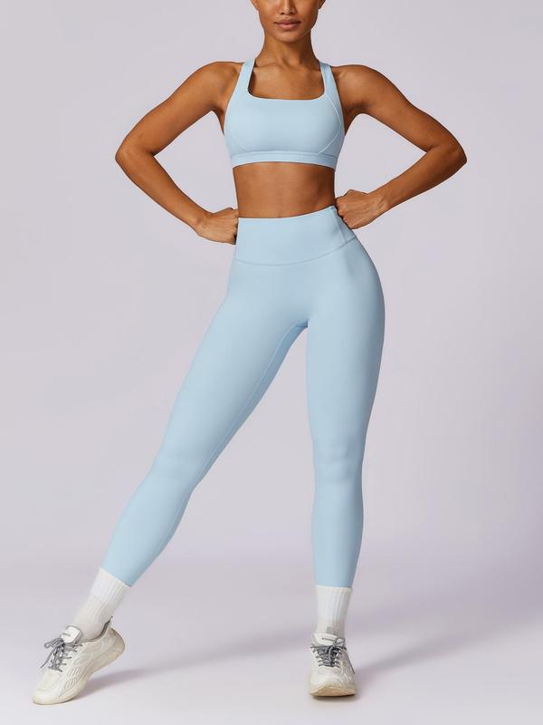 Two-piece Set Women's Solid Criss Cross Padded Sports Bra & High Waist Leggings Tracksuit Set, Sporty Breathable Quick Drying Outfits for Yoga Gym Workout Running, Ladies Sportswear for All Seasons