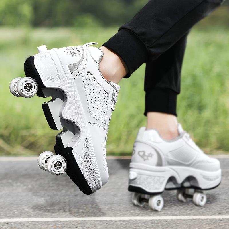 yousulun White Sliver Roller Skates, Roller Skate Shoes& Sneakers 2-in-1, Deformation Roller Shoes for Men and Women, Unique Gift for Birthday  Christmas for Friend& Families