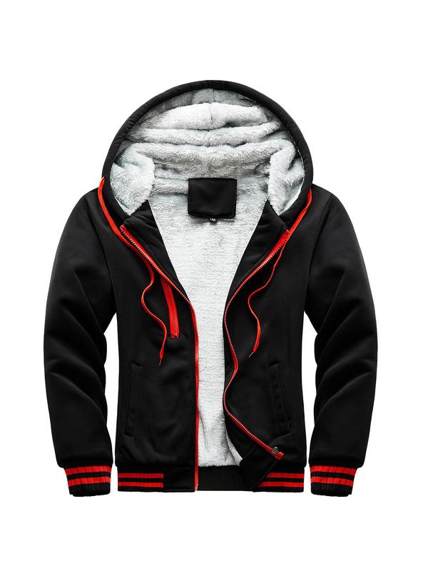 Men's Colorblock Zip Up Hooded Plush Sports Sweatshirt, Long Sleeve Drawstring Pocket Contrast Binding Warm Outerwear for Fall & Winter, Men's Sportswear for Outdoor Activities