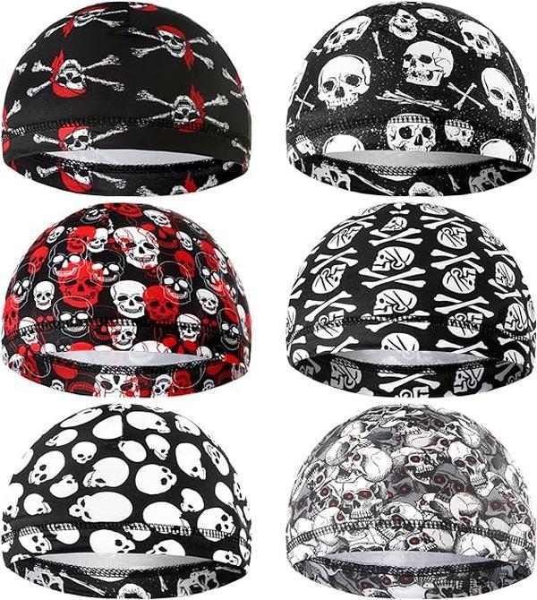 6 Pcs Men Cooling Skull Cap Helmet Liner Sweat Wicking Beanie Head Wrap Bicycle Cycling Running Hat Skeleton Style