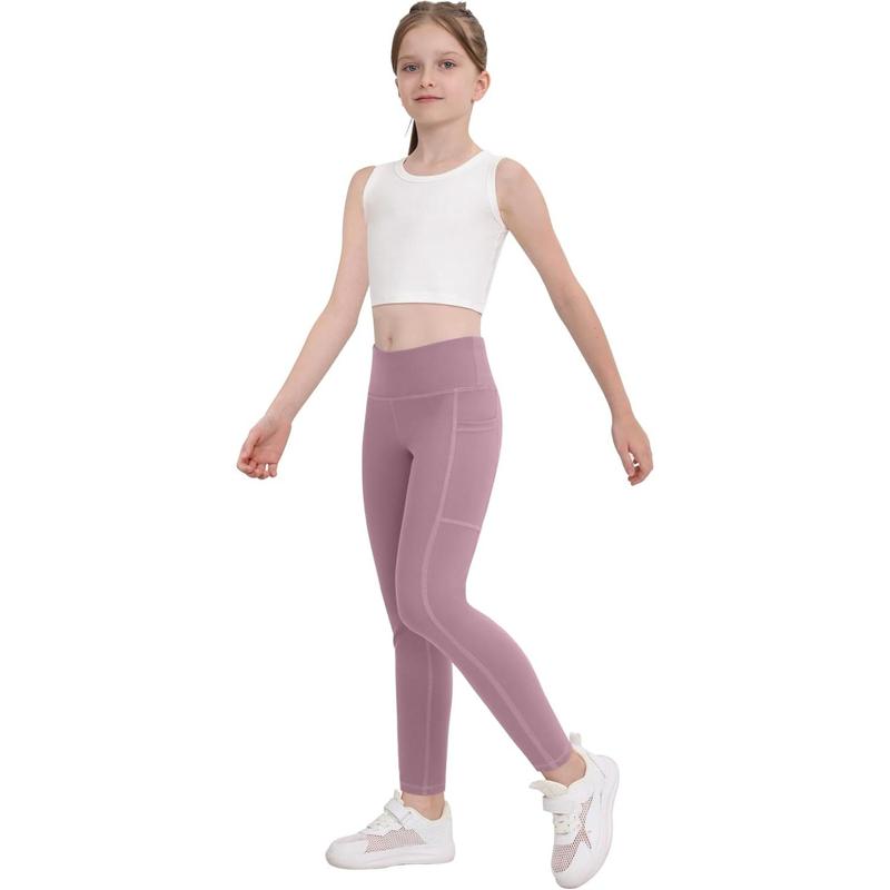 (Skin-friendly athletic pants)Girls' Athletic Leggings with Pockets, 5 Packs Kids Teen Dance Yoga Workout Running Pants for 5-15 Years