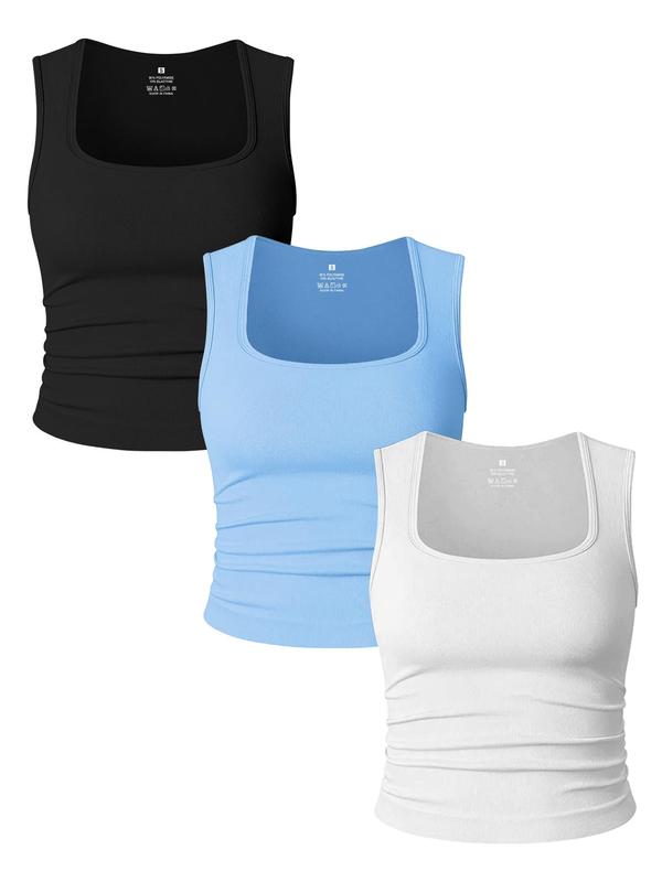 Women's Solid Ruched Square Neck Sports Vest, Sporty Sleeveless Tank Top for Yoga Gym Workout, Running Vest, Ladies Sportswear Clothes for All Seasons