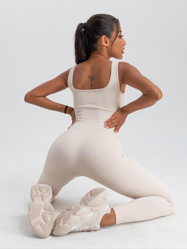 Women's Plain Textured Ribbed Square Neck Sports Jumpsuit, Summer Clothes Women, Casual Solid Color Sleeveless One Piece Workout Unitard for Yoga Gym Workout, Ladies Summer Sports Clothes