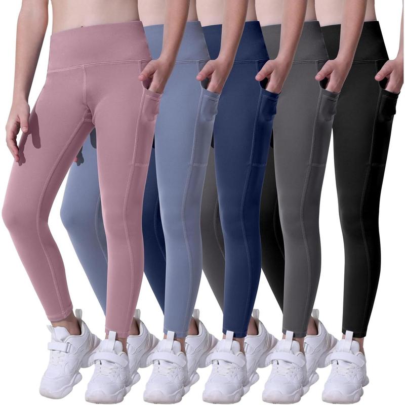 (Skin-friendly athletic pants)Girls' Athletic Leggings with Pockets, 5 Packs Kids Teen Dance Yoga Workout Running Pants for 5-15 Years