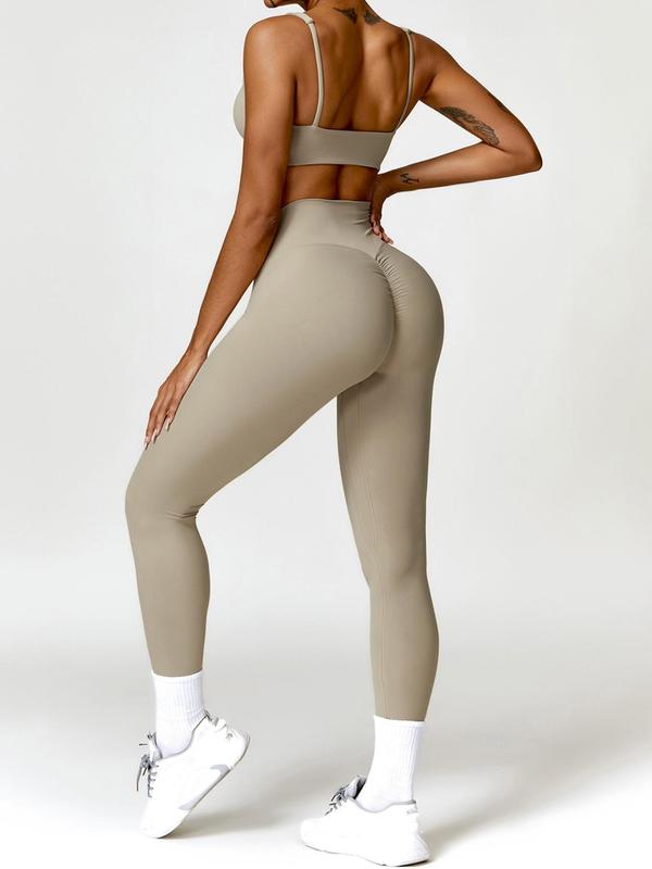 Two-piece Set Women's Solid Color Crop Cami Top & High Waist Ruched Leggings Tracksuit Set, Sporty Breathable Comfy Outfits for Yoga Gym Workout Running, Gym Clothing, Ladies Sportswear for All Seasons, Fall Outfits